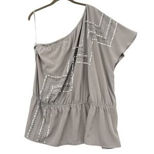 Lane Bryant Grey Sequin Embellishments Ruched Waist One Shoulder Blouse Size‎ 20